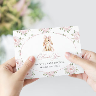 Cute Bunny, Pink Bow, Pink Flowers, Baby Shower Thank You Card