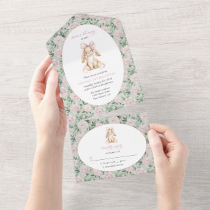 Cute Bunny, Pink Bow, Pink Flowers, First Birthday All In One Invitation