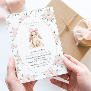 Cute Bunny, Pink Bow, Pink Flowers, First Birthday Invitation