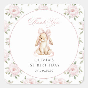 Cute Bunny, Pink Bow, Pink Flowers, First Birthday Square Sticker