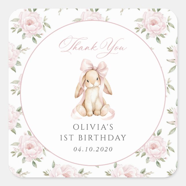 Cute Bunny, Pink Bow, Pink Flowers, First Birthday Square Sticker (Front)