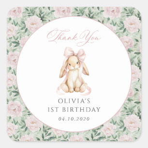 Cute Bunny, Pink Bow, Pink Flowers, First Birthday Square Sticker