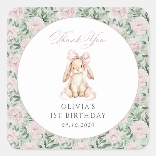 Cute Bunny, Pink Bow, Pink Flowers, First Birthday Square Sticker (Front)