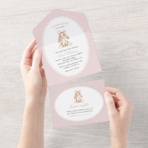 Cute Bunny, Pink Bow, Pink Polka Dots, Baby Shower All In One Invitation