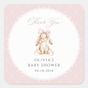 Cute Bunny, Pink Bow, Pink Polka Dots, Baby Shower Square Sticker