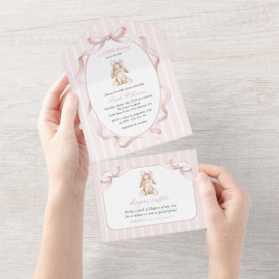 Cute Bunny, Pink Bow, Pink Stripes, Baby Shower All In One Invitation