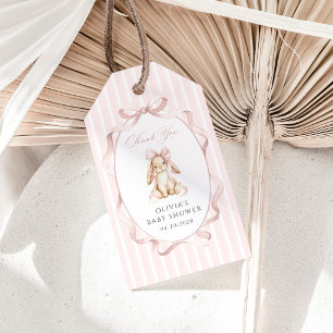 Cute Bunny, Pink Bow, Pink Stripes, Baby Shower Gift Tags