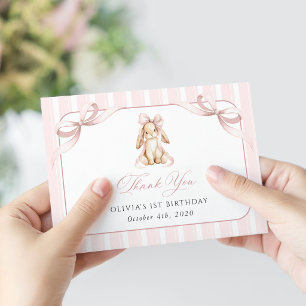Cute Bunny, Pink Bow, Pink Stripes, First Birthday Thank You Card