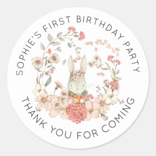 Cute Bunny Pink Floral 1st Birthday Thank You  Classic Round Sticker