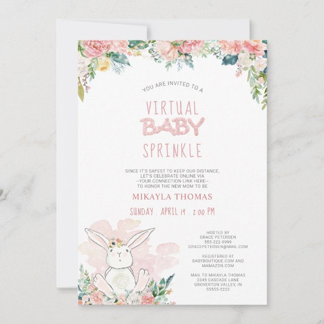 Cute Bunny Pink Floral Fairy Lights Baby Sprinkle (Front)