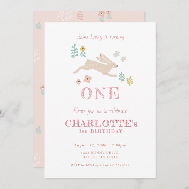Cute Bunny Pink Floral Kid Girl's First Birthday  Invitation (Front/Back)
