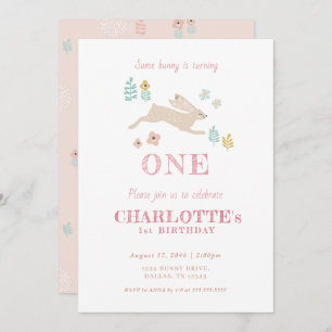 Cute Bunny Pink Floral Kid Girl's First Birthday Invitation