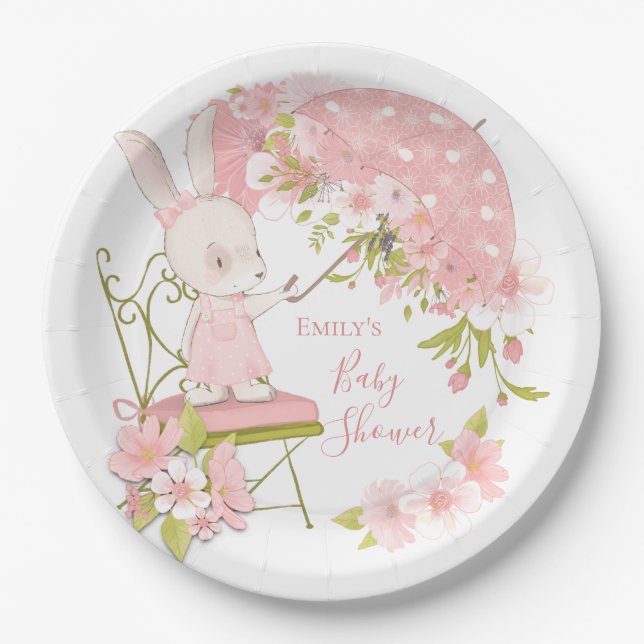 Cute Bunny Pink Florals Girl Baby Shower Paper Plate (Front)