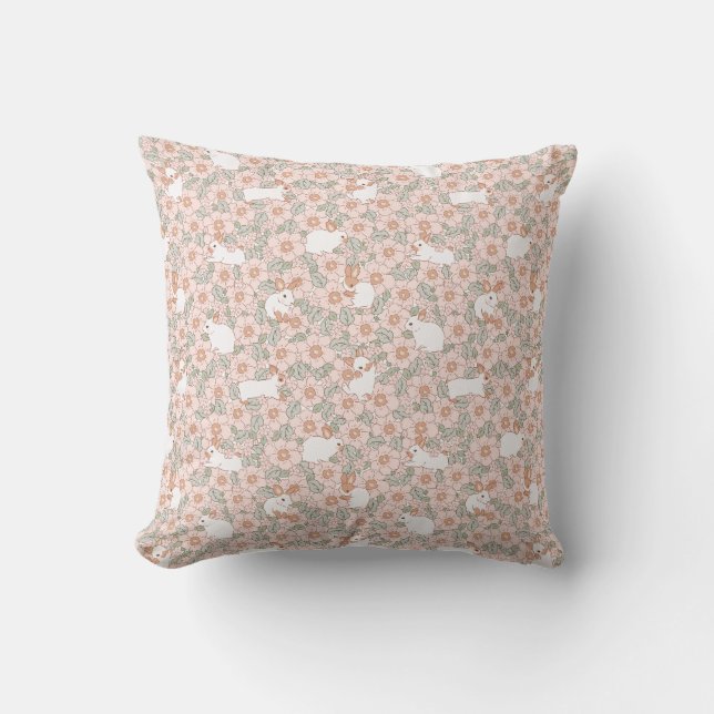 Cute Bunny Pink Flowers Pattern Spring Summer  Cushion (Front)