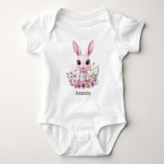 Cute Bunny Pink Flowers with Easter Egg Baby Bodysuit