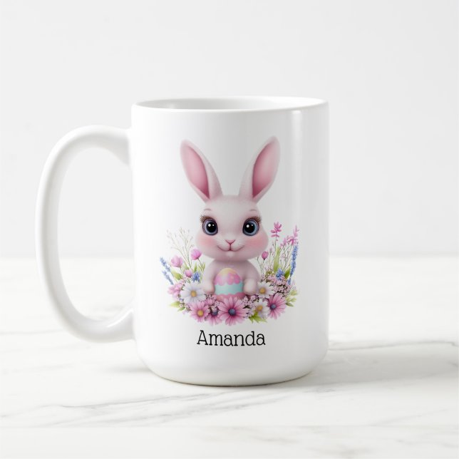Cute Bunny Pink Flowers with Easter Egg Coffee Mug (Left)