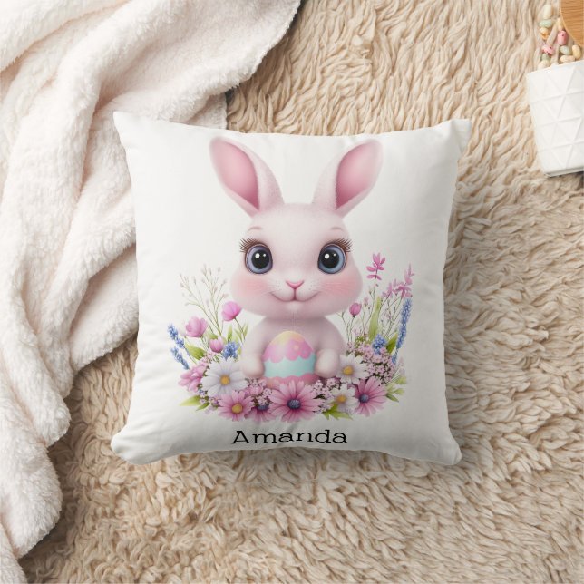 Cute Bunny Pink Flowers with Easter Egg Cushion (Blanket)