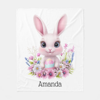Cute Bunny Pink Flowers with Easter Egg Fleece Blanket