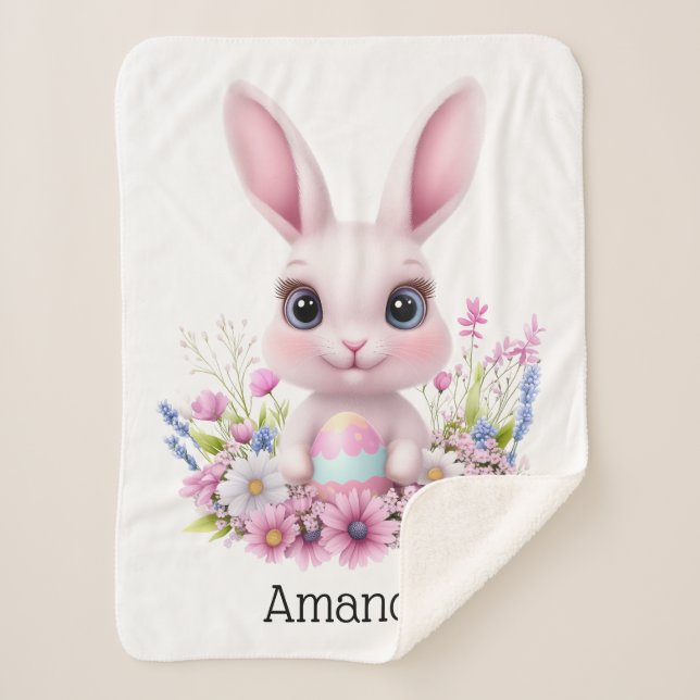 Cute Bunny Pink Flowers with Easter Egg Sherpa Blanket (Front)