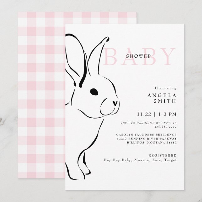 Cute Bunny Pink Gingham Baby Girl Shower II Invitation (Front/Back)