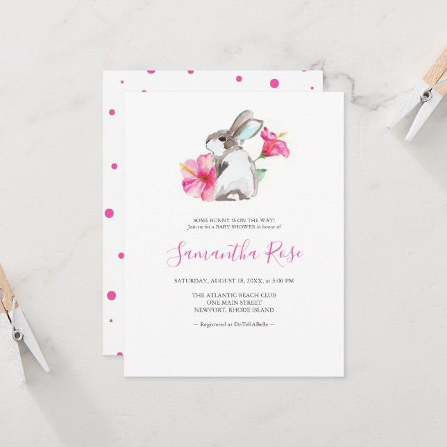 Cute Bunny Pink Girl Baby Shower Invitation (Front/Back In Situ)
