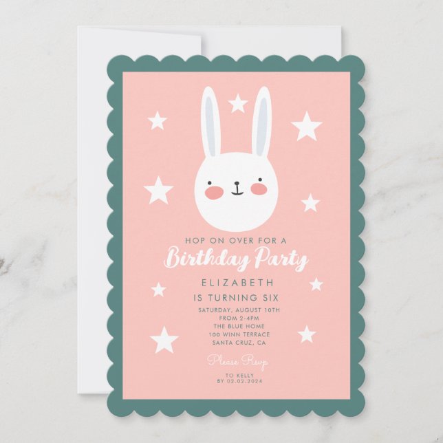 Cute Bunny Pink Green Purple Stars Birthday Invitation (Front)