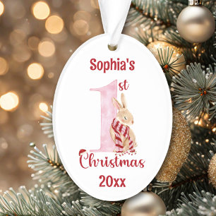 Cute Bunny Pink Number One First Christmas Ornament