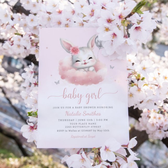 Cute Bunny Pink Watercolor Boho Girl Baby Shower  Invitation (Creator Uploaded)