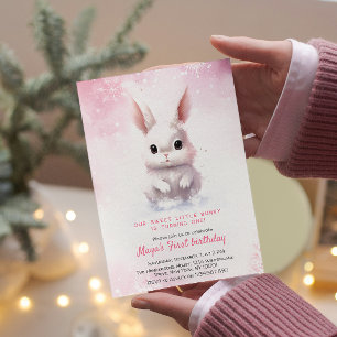Cute Bunny Pink Winter Custom Birthday Party Invitation