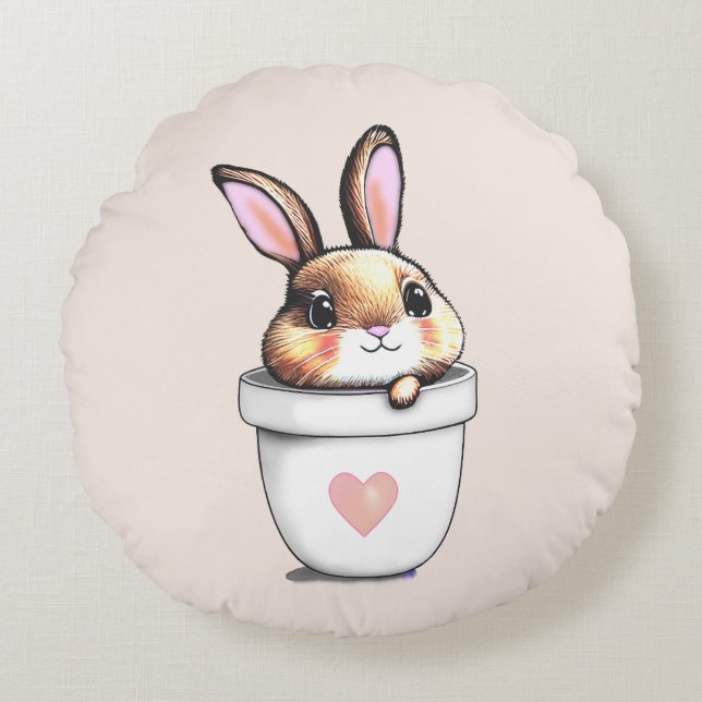 Cute Bunny Plant Pot on Light Champagne Beige Round Cushion (Front)
