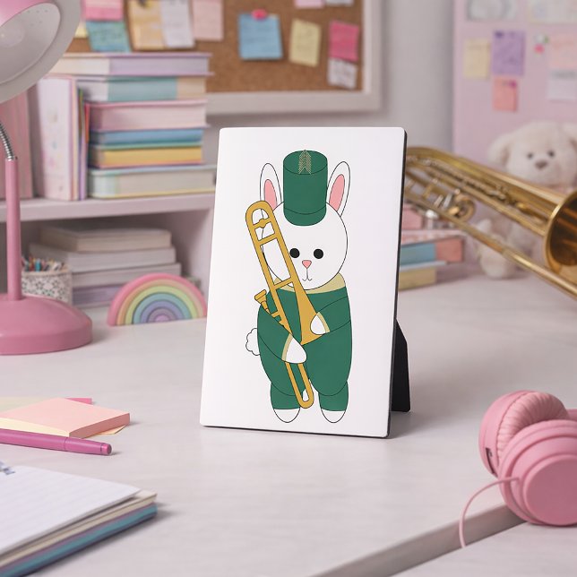 Cute Bunny Playing Trombone Band Green Gold Plaque (A plaque of a bunny holding a trombone in a green & gold marching band uniform.)