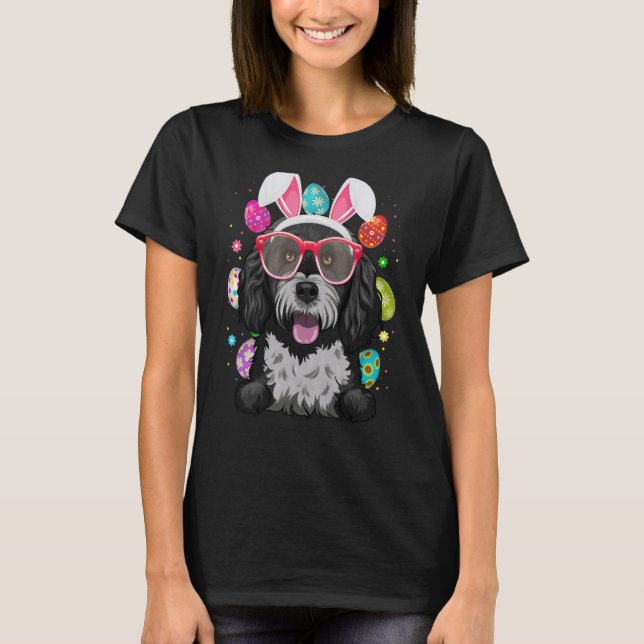 Cute Bunny Portuguese Water Dog Face Easter Eggs E T-Shirt (Front)