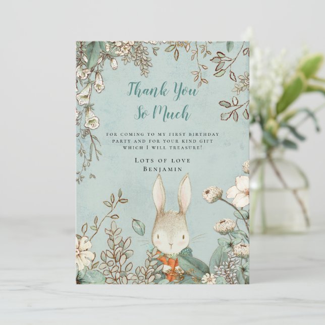 Cute Bunny Powder Blue First Birthday Thank You Card (Standing Front)