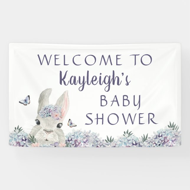 Cute Bunny Purple Floral Baby Shower Welcome Banner (Horizontal)