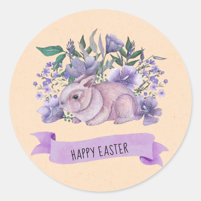 Cute Bunny Purple Florals Happy Easter Napkins Classic Round Sticker (Front)