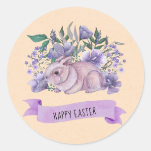 Cute Bunny Purple Florals Happy Easter Napkins Classic Round Sticker