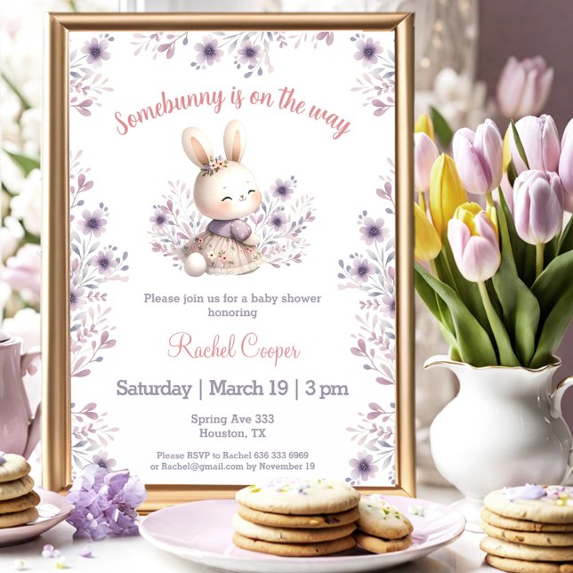 Cute Bunny Purple Pink Floral Girl Baby Shower Invitation (Cute Bunny Purple Pink Floral Girl Baby Shower Invitation)