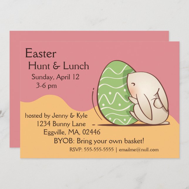 Cute Bunny pushing Green Easter Egg Invitation (Front/Back)