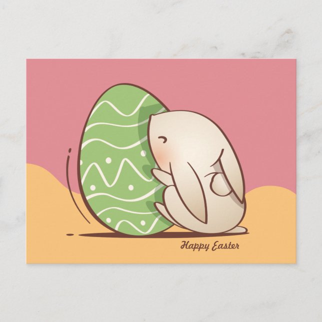 Cute Bunny pushing Green Easter Egg Postcard (Front)