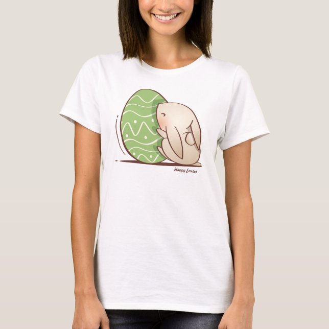 Cute Bunny pushing Green Easter Egg T-Shirt (Front)