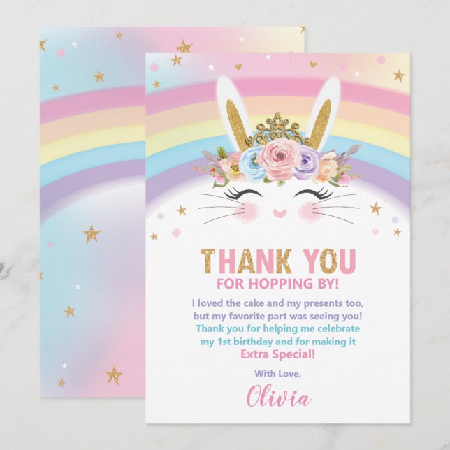 Cute Bunny Rabbit 1st Birthday Girl Thank You Card (Front/Back)