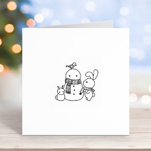 Cute Bunny Rabbit Adding Carrot to a Snowman 1x1 Rubber Stamp