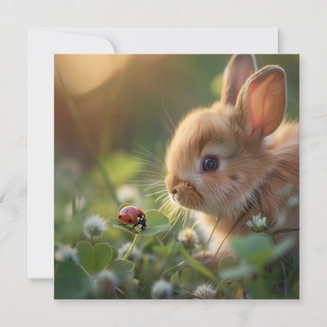 Cute bunny rabbit and a ladybug on the green field holiday card (Front)
