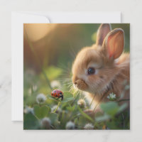 Cute bunny rabbit and a ladybug on the green field