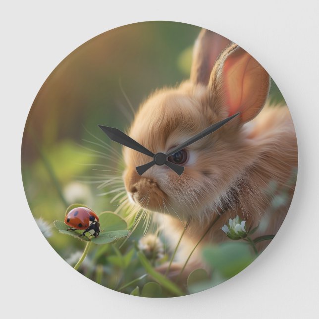 Cute bunny rabbit and a ladybug on the green field large clock (Front)