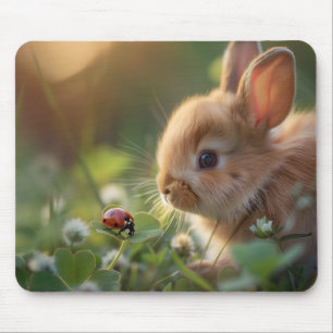 Cute bunny rabbit and a ladybug on the green field mouse mat