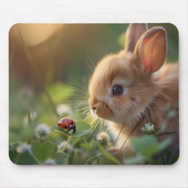 Cute bunny rabbit and a ladybug on the green field mouse mat (Front)