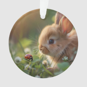 Cute bunny rabbit and a ladybug on the green field ornament
