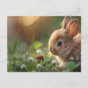 Cute bunny rabbit and a ladybug on the green field postcard