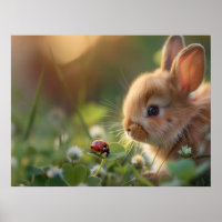 Cute bunny rabbit and a ladybug on the green field
